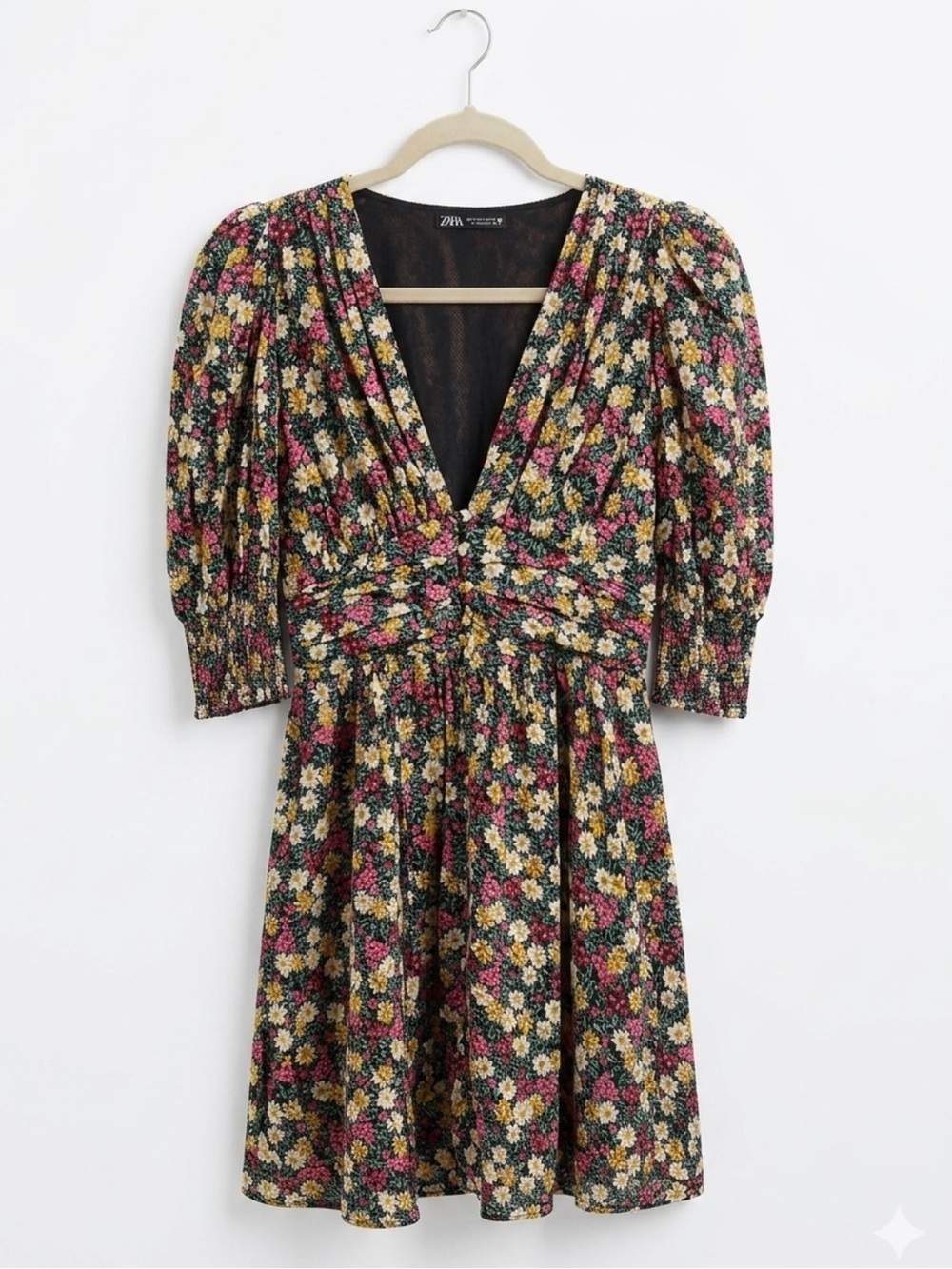 Zara Black Floral V-Neck Puff Sleeve Mini Dress